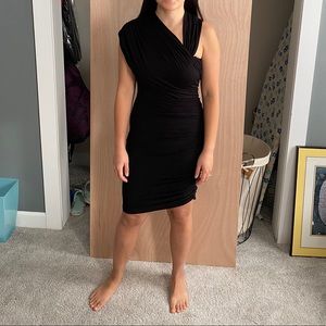 Boutique asymmetrical ruched  black dress, XS